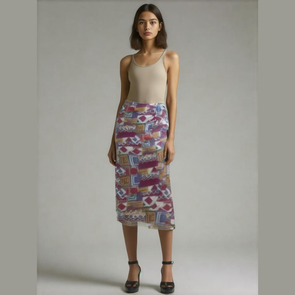 New York Studio Geometric Print Vintage Faux Wrap Skirt - Picture 2 of 7